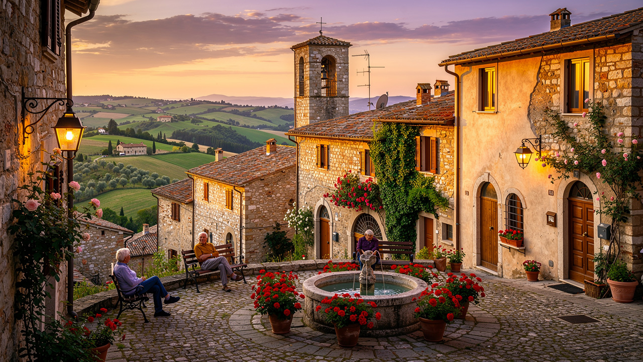 Borgo medievale marchigiano al tramonto tra le colline
