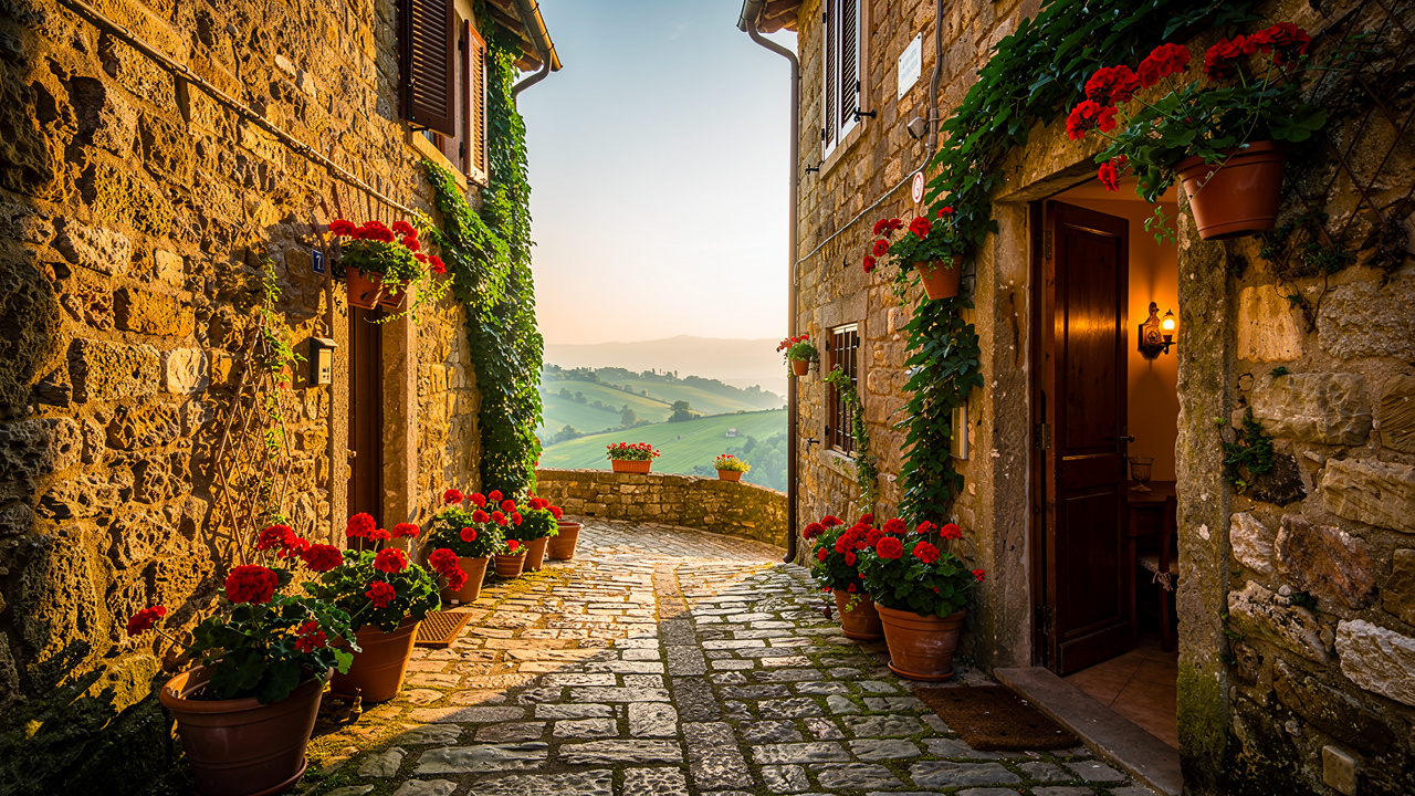 Vicolo in pietra di un borgo medievale marche al mattino