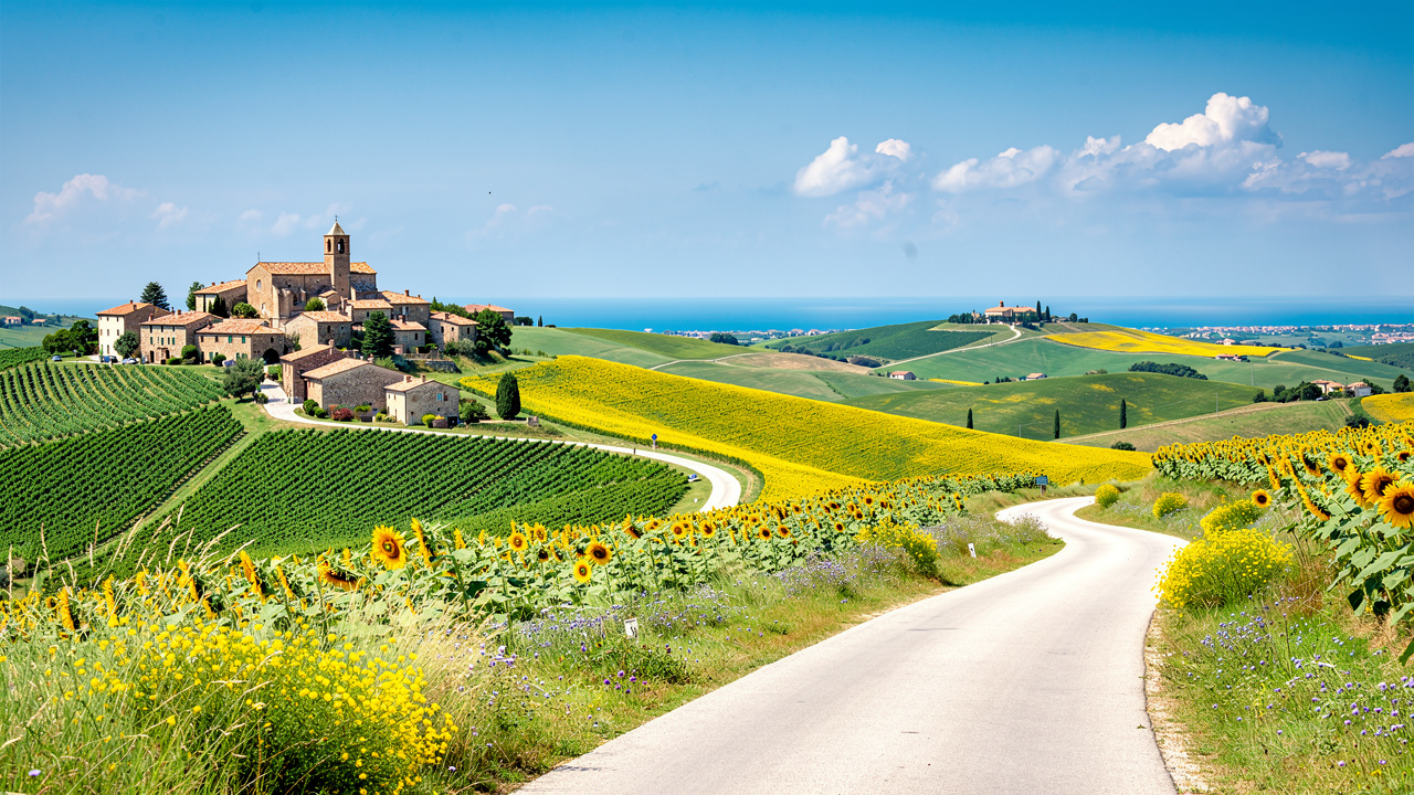Paesaggio delle colline marchigiane con borghi storici e Mar Adriatico