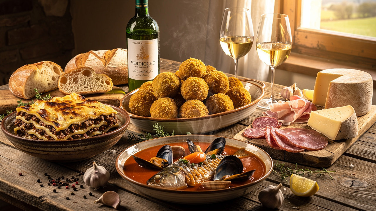 Cucina tipica marchigiana con vincisgrassi olive ascolane e Verdicchio