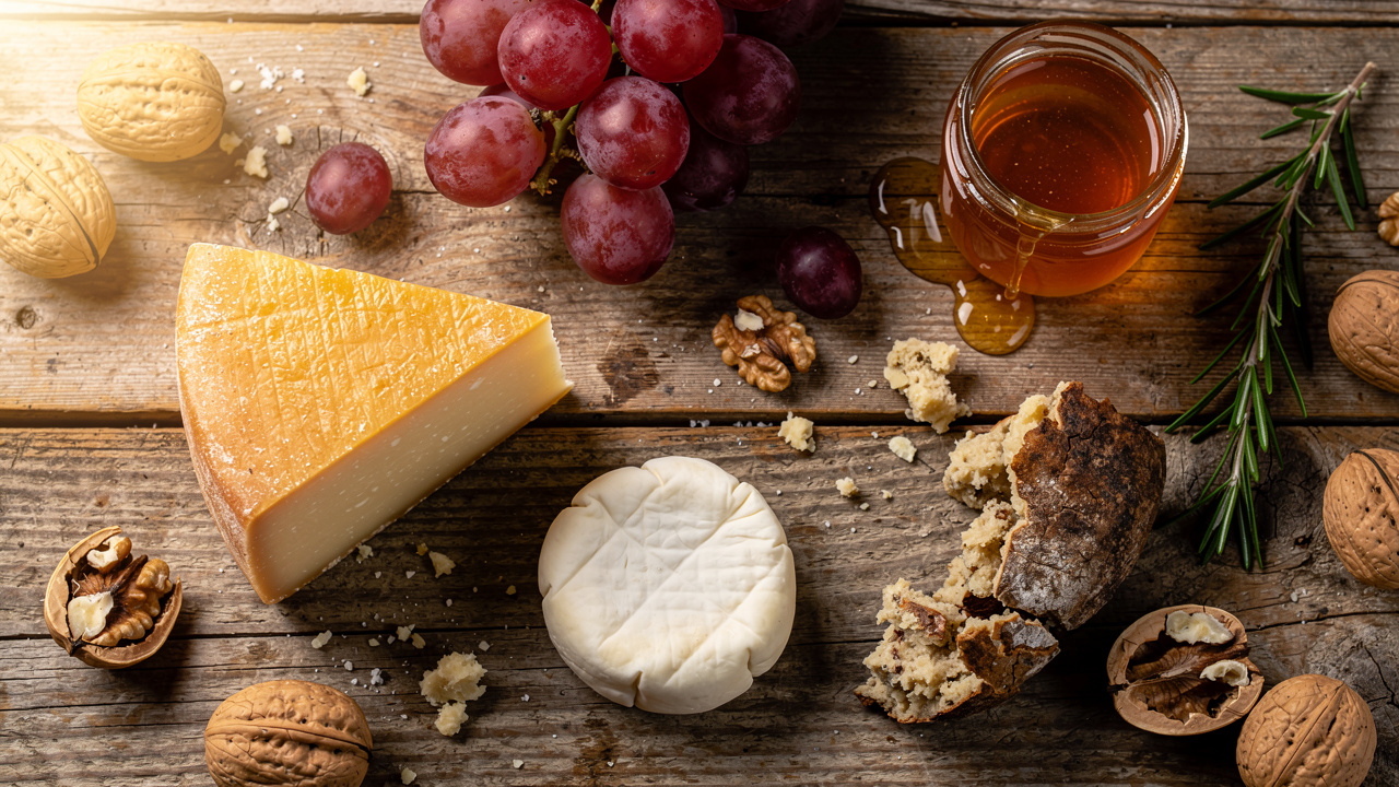 Selezione di formaggi marchigiani con miele e uva