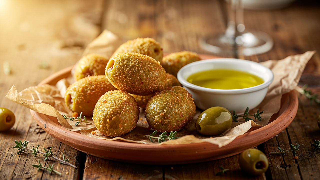Olive ascolane fritte dorate su piatto rustico marchigiano