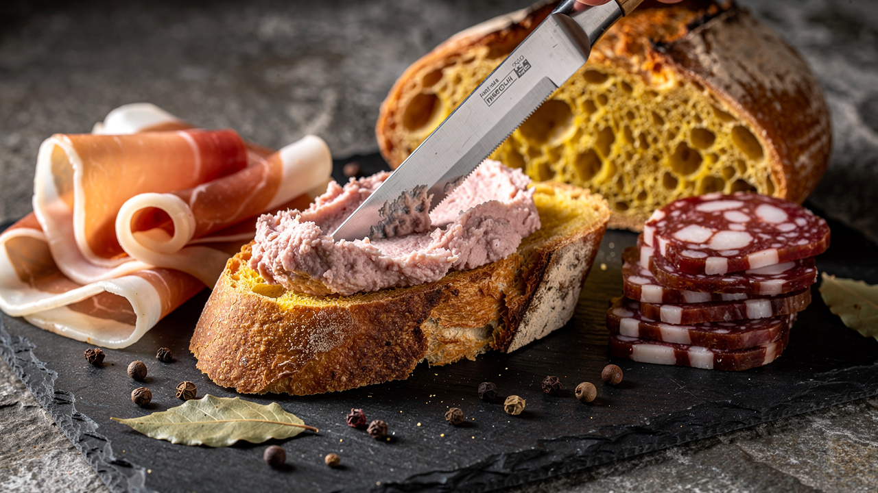 Ciauscolo spalmato su pane con prosciutto e salame marchigiano