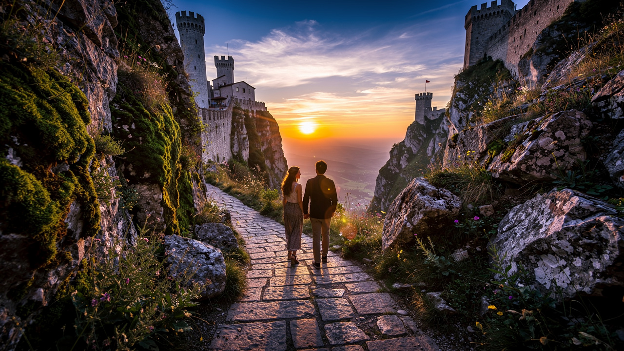 Coppia passeggia al tramonto lungo il Passo delle Streghe
