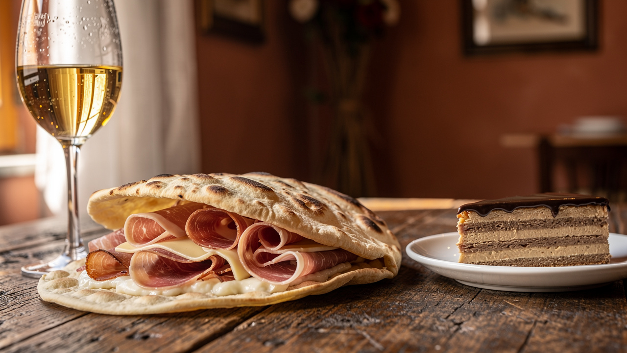 Piadina sammarinese e Torta Tre Monti su tavola rustica
