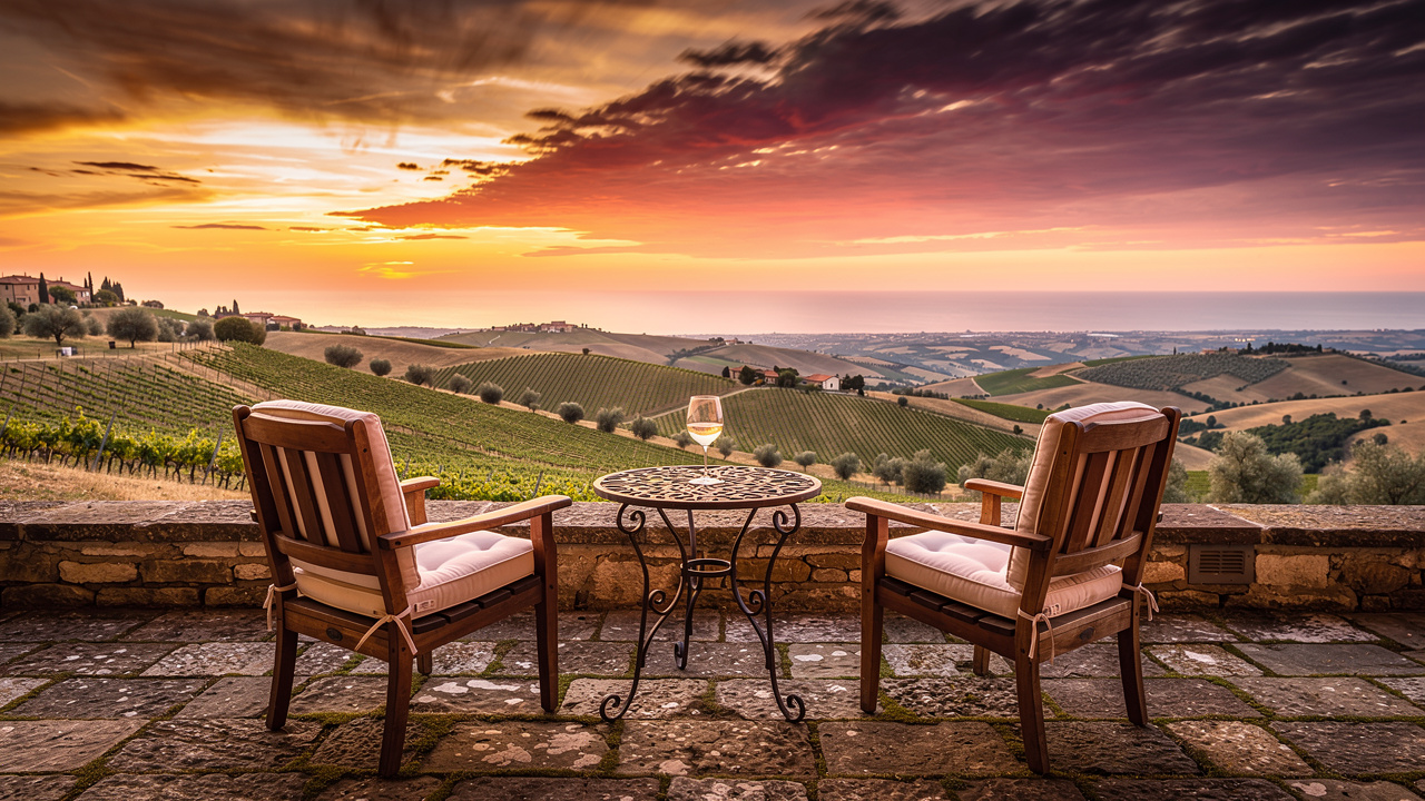 Tramonto sulle colline marchigiane dalla terrazza di Residenza Lucale